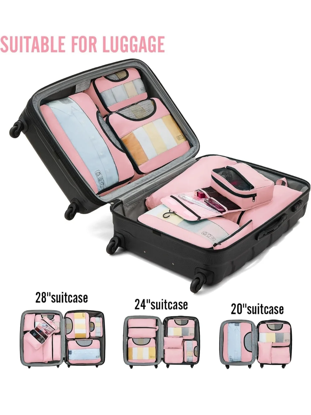 Travel Packing Cube Set with Laundry Bag & Cosmetic Case - Pink
